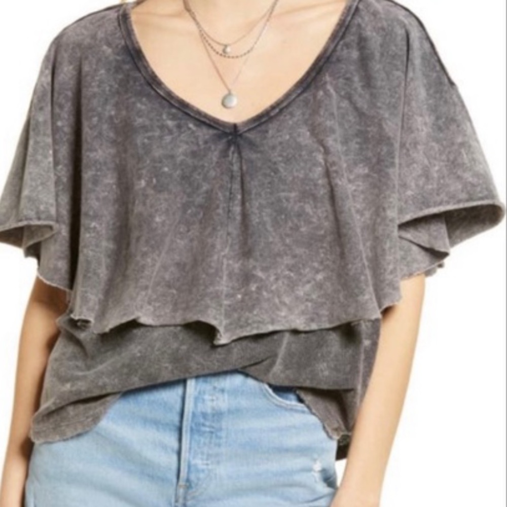 Free People Women’s Gray Cropped Distressed XS Short Sleeve Girl Talk Ruffle Top